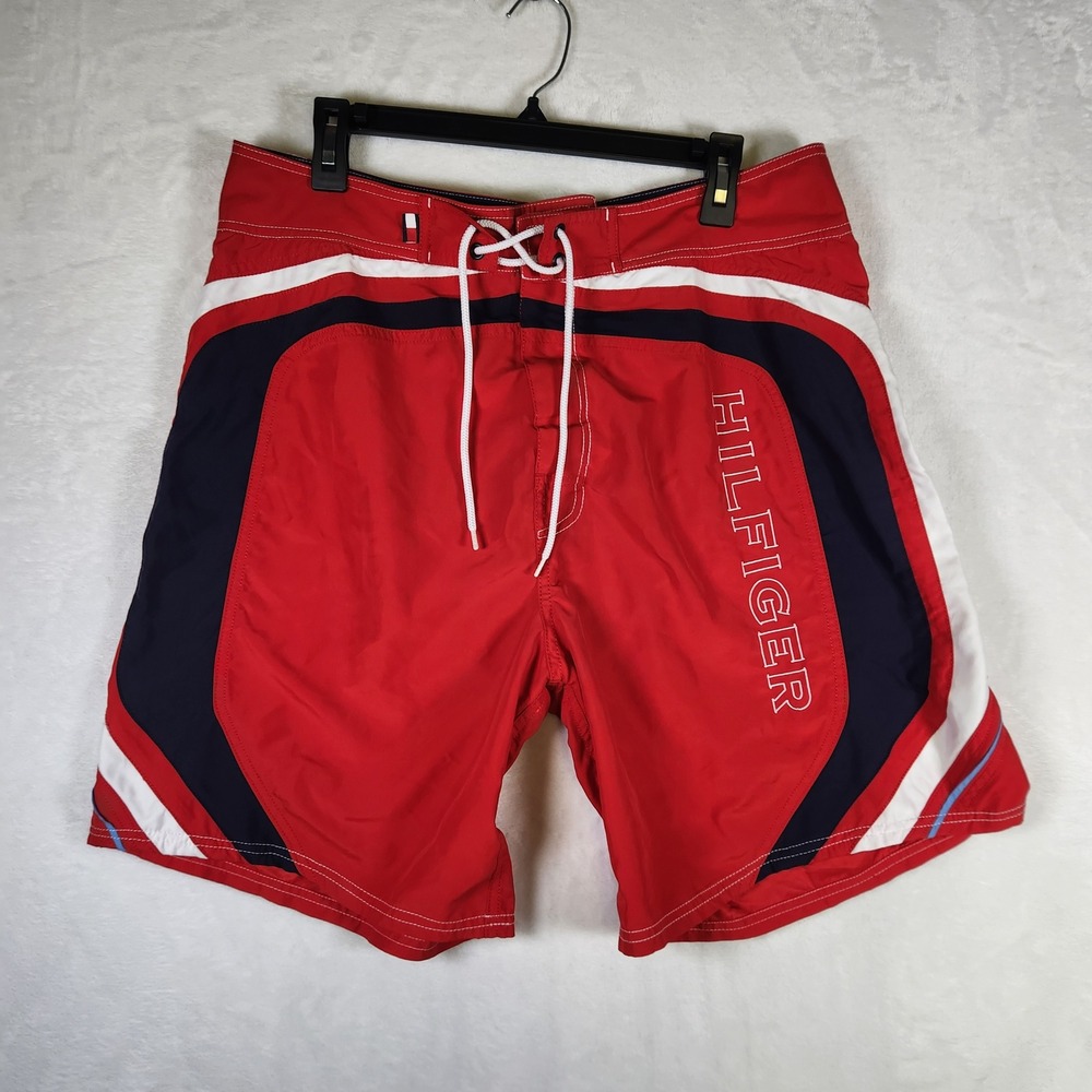 Tommy‎ Hilfiger Swim Trunks Mens L Red Blue White Board Shorts Swimwear